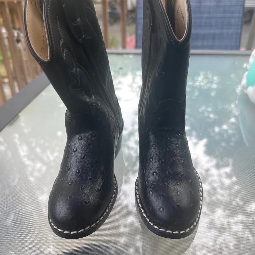 Old West Cowboy Boots Kids 9.5 Black Ostrich Print Western OR9110